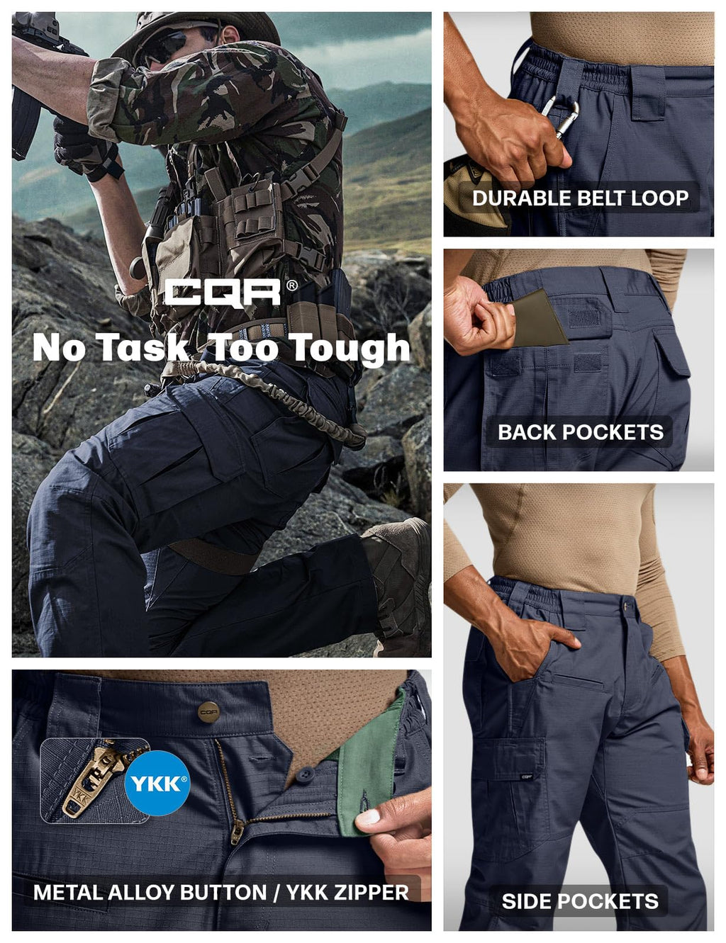 CQR Men's Tactical Pants, Water Resistant Ripstop Cargo Pants, Lightweight EDC Work Hiking Pants, Outdoor Apparel, Raider Police Navy, 32W x 34L