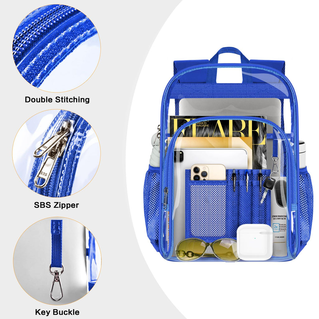 PAMANO Clear Backpack, Heavy Duty Transparent with Reinforced Bottom See Through Backpack for College, Travel, Workplace Security, Blue