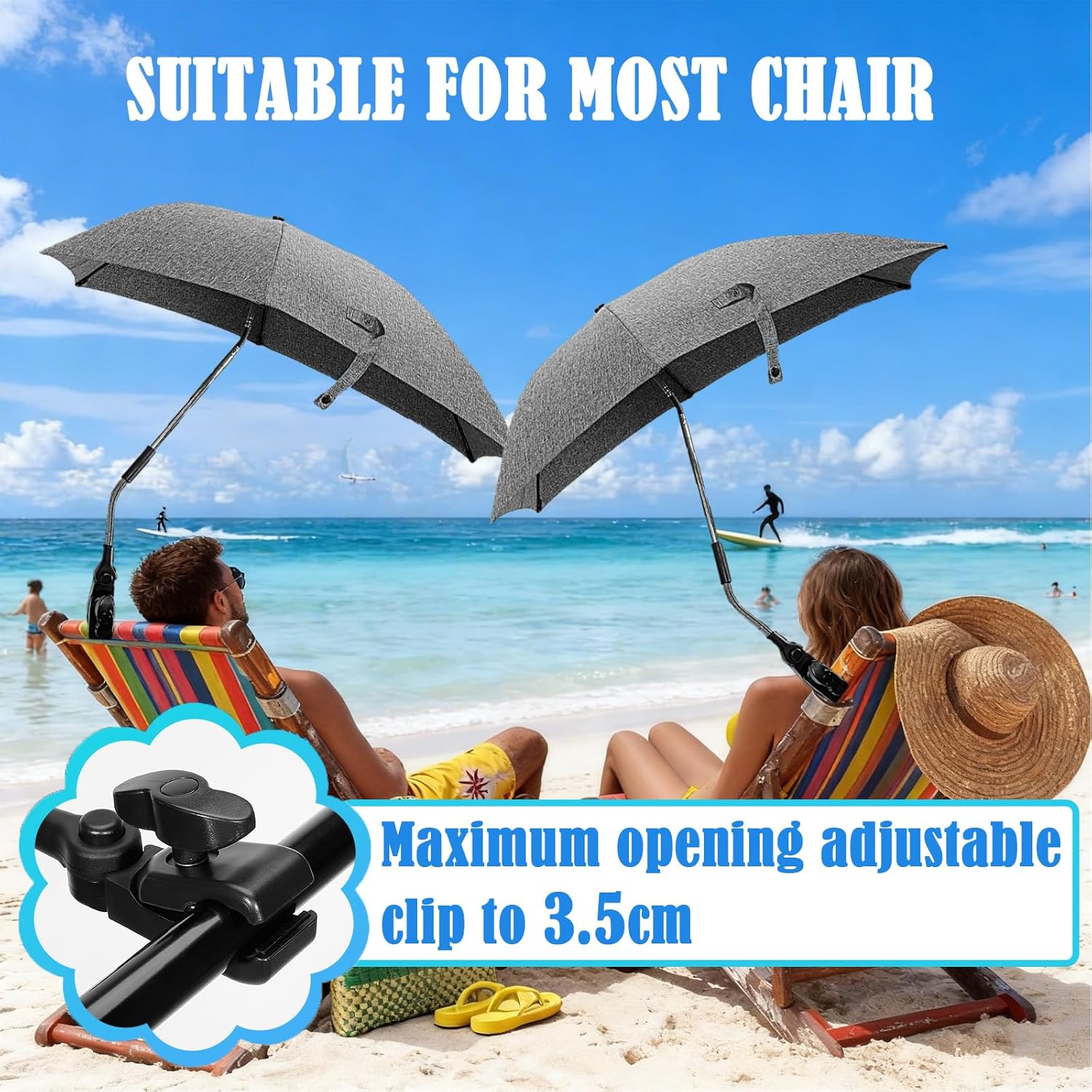 Skiennix Chair Umbrella - 78cm UV Protection Sun Shade with 360° Adjustable Clip-On Clamp for Strollers & Beach Chairs