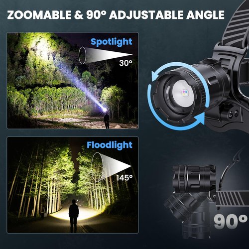 YNYS Rechargeable Headlamp with 4 Colors (White/Yellow/Blue/UV),990000Lumens Super Bright Headlights with 90° Adjustable, Zoomable, Waterproof Led Head lamp for Fishing Hunting Camping