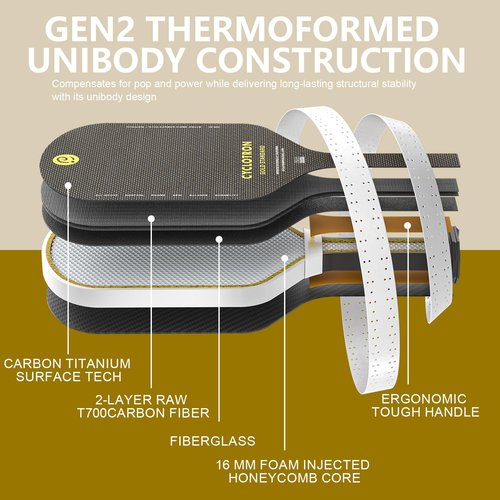 CYCLOTRON Gold Standard Pickleball Paddle - Real Aerospace Titanium Mesh & T700 Raw Carbon Fiber Surface for Massive Spin - Thermoformed 16mm Core, Elongated Hybrid Shape for 4.0+ Players