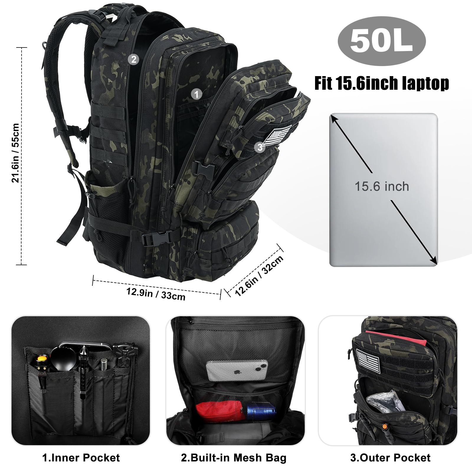 kookoomia Military Tactical Backpack 50L Large Day Backpack for Men Molle Army 3 Days Assault Pack Bug Out Bag Water Resistant and Heavy Duty Hiking Treeking Rucksack - Black Camo