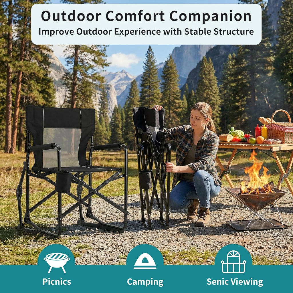 OLIXIS Outdoor Folding Rocking Chair - Portable Camping Chair with Mesh Back & Waterproof Armrests | Black