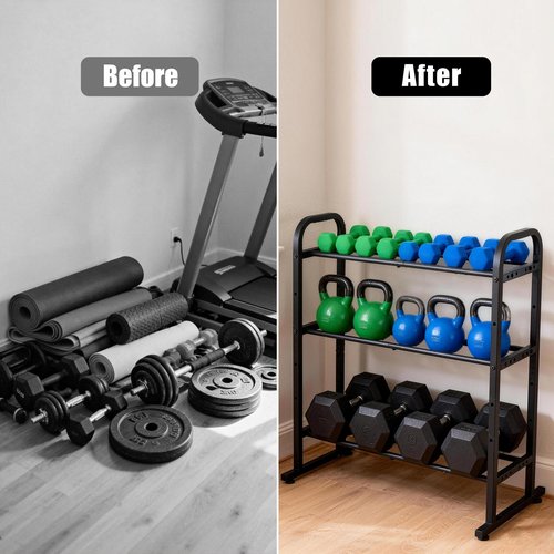 3-Tier Adjustable Dumbbell Rack, Holds 450 Lbs Total, Multi-Purpose Storage Stand for Dumbbells, Kettlebells&Weight Plates - Space Saving Home Gym Organize