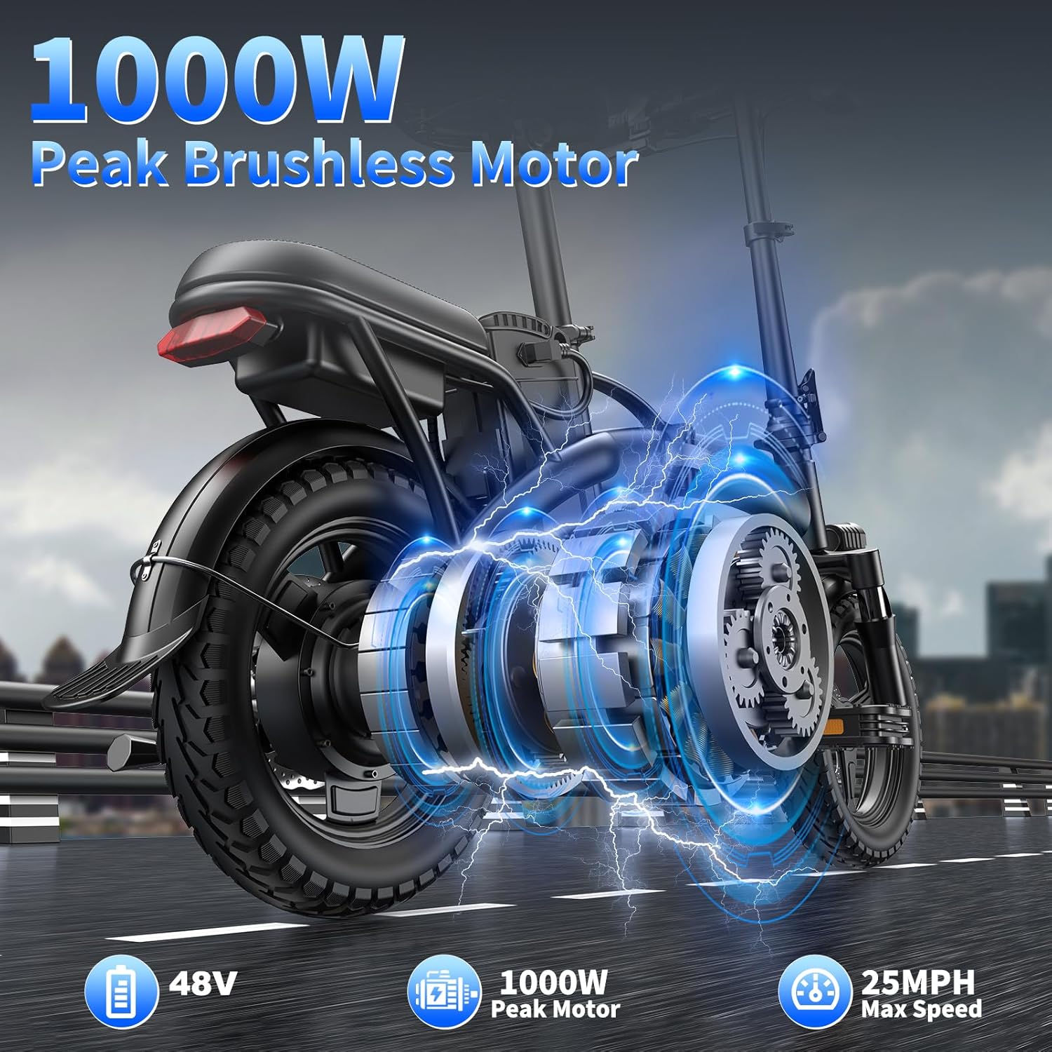 Peak Folding Electric Bike - 1200W/1000W | 25 MPH, 48V 10Ah, 45 Miles Range, 14" Tire Full Suspension