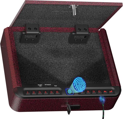 BILLCONCH Biometric Gun Safe - Quick Access Pistol Safe with Fingerprint, Keypad & APP Lock | Burgundy Red