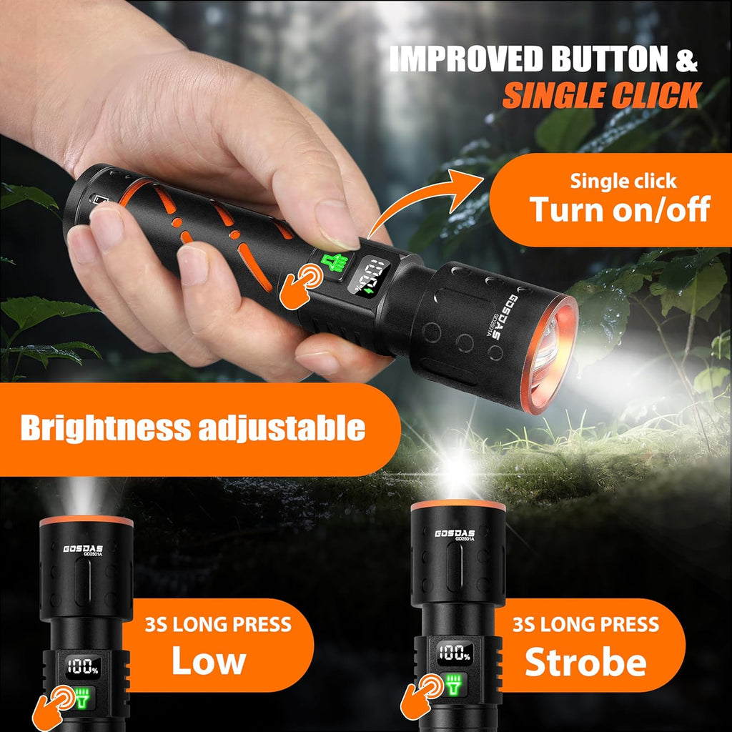 Skiennix Rechargeable Flashlights - Super Bright 30W LED, 100,000 Lumens, 12-Hour Battery Life | 3 Modes, USB-C Input/Output