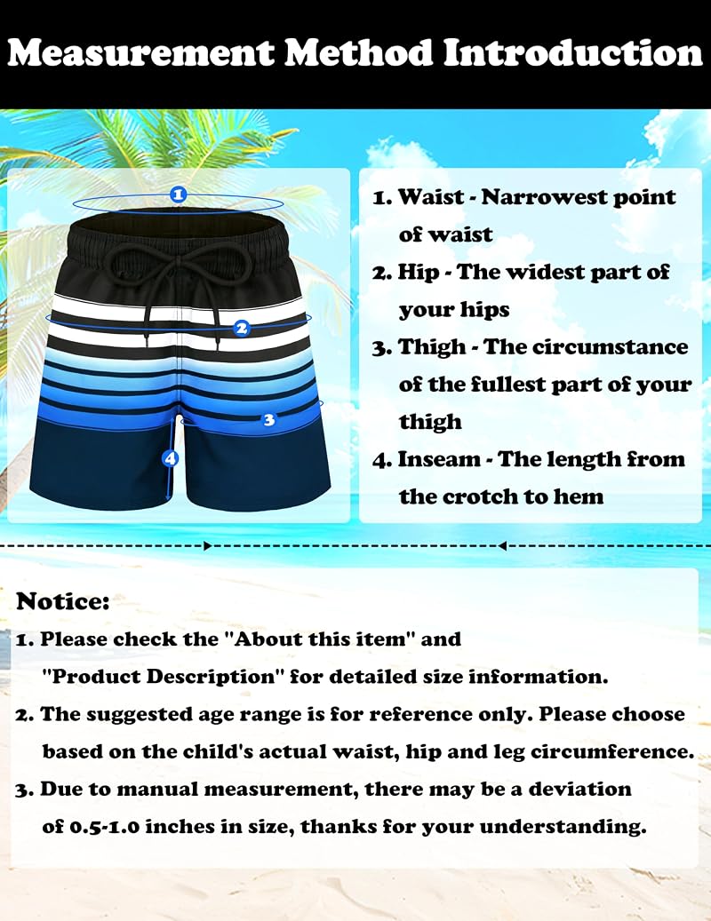 Boys Swim Trunks with Compression Liner - Black with Navy Blue White Stripes, 14-16 years