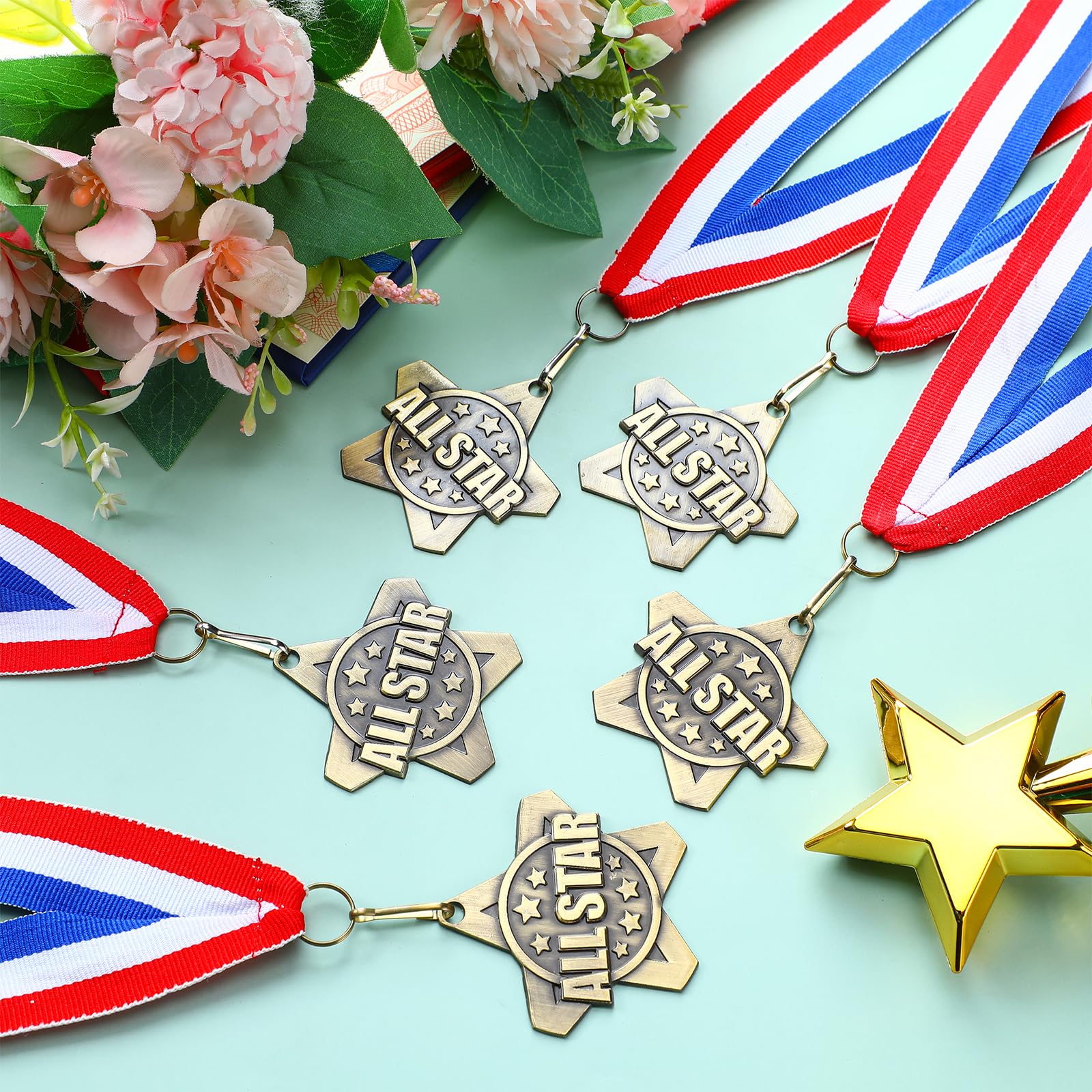 Quelay 30 Pcs 2 Inches Student Award Medals Bulk Awards Medal with Neck Ribbons Metal Trophy Prize Gift for Tournaments, Competitions, Party, Kids and Adults(All Star Medals)