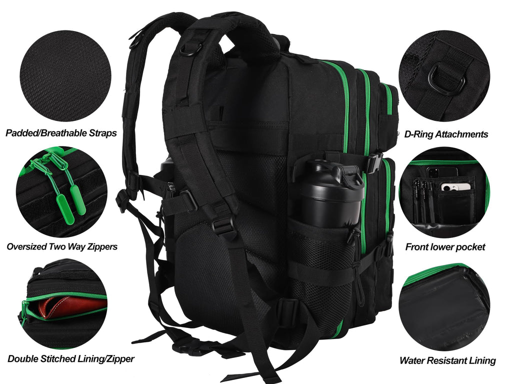 LHI Military Tactical Backpack for Men and Women 45L Army 3 Days Assault Pack Bag Large Rucksack with Molle System - Black with green zipper