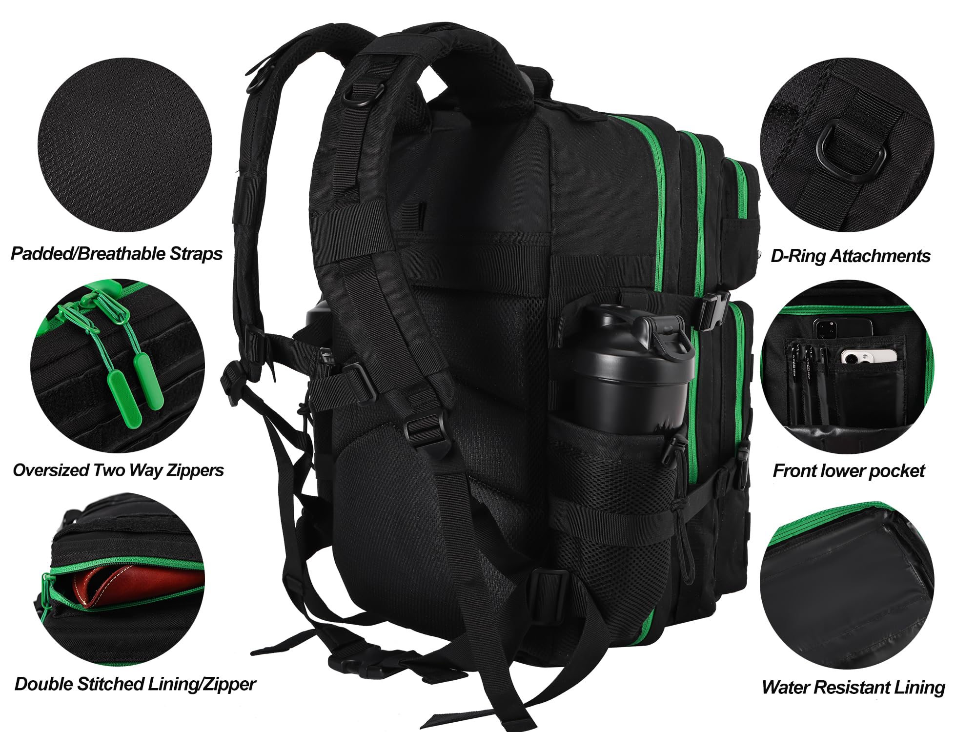 LHI Military Tactical Backpack for Men and Women 45L Army 3 Days Assault Pack Bag Large Rucksack with Molle System - Black with green zipper