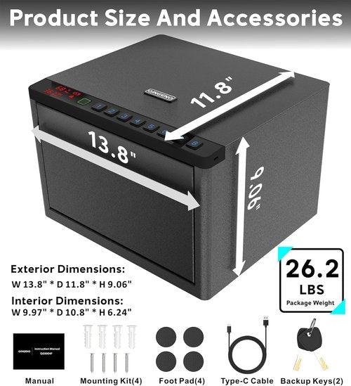 Biometric Gun Safe for Pistols - Secure Sliding Fingerprint Safe with LCD Display | Holds Multiple Handguns
