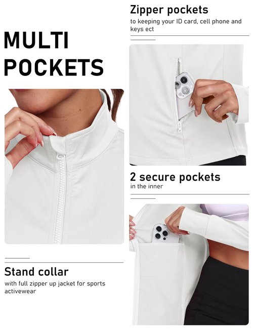MoFiz Womens Full Zipper Running Jackets Stand Collar Slimming Gym Yoga Tops Long Sleeve Sportwear with Thumb Holes White L