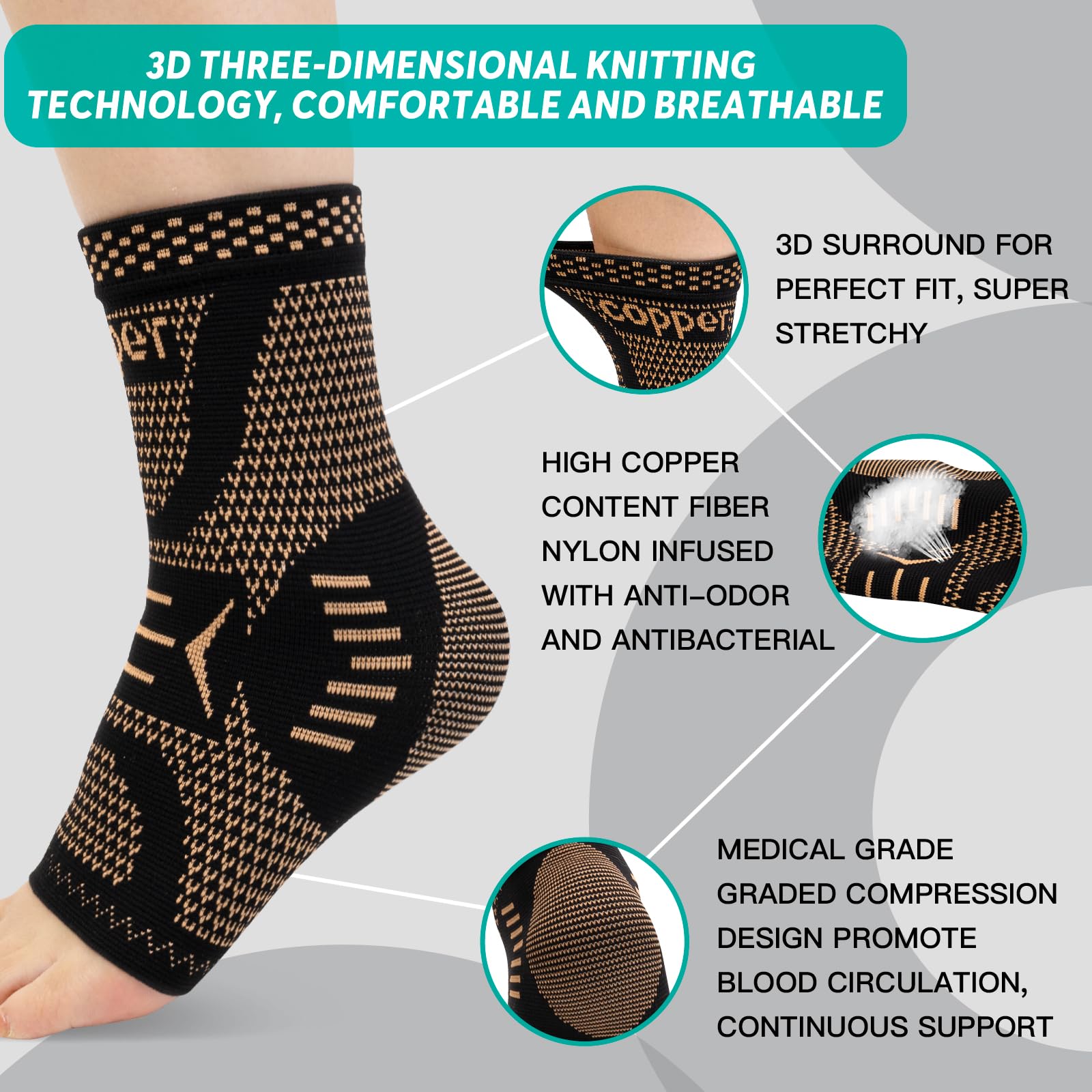 INDEEMAX Ankle Brace for Sprained Ankle Compression Sleeve, 2 Pack Copper Infused Ankle Support Brace for Women & Men, Plantar Fasciitis Relief Achilles Tendonitis, Sports Running, Copper Black, L