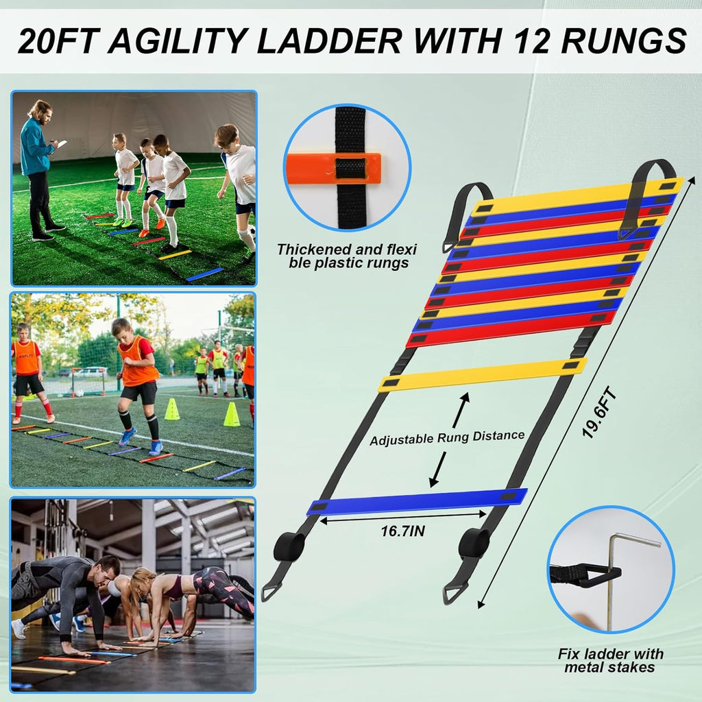 Speed Agility Training Equipment Set - 20ft Agility Ladder, 12 Cones, Resistance Parachute & More for Kids & Adults