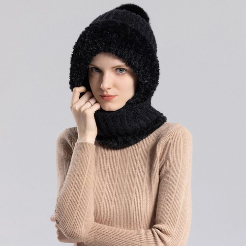 3 in 1 Womens Beanie Hat with Scarf Mask and Gloves Set, Knitted Hat Fleece Lined Snow Ski Scarf Caps Fall Winter Warm Glove (Black Set)