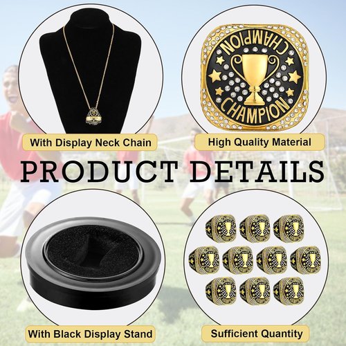 Highergo Championship Rings Set - 20 Pcs Sports Trophy Rings with Display Chain & Stand | Perfect for Awards