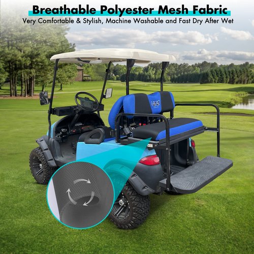 10L0L Golf Cart Front and Rear Seat Cover Set for Club Car DS/Precedent/Onward/Tempo & Yamaha G29 /Drive 2,Stylish 4 Passenger Front Back Seat Covers,Breathable Washable Polyester Mesh (Black/Blue)