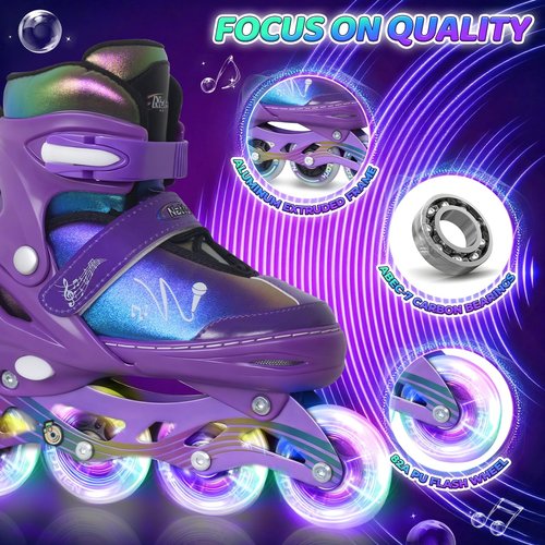 Nattork Adjustable Inline Skates for Kids & Teens with Flashing Light-Up Wheels, Gradient Color ABEC-7 Bearings for Smooth Glide, Safe & Durable Sizing Adjustable Skates Purple