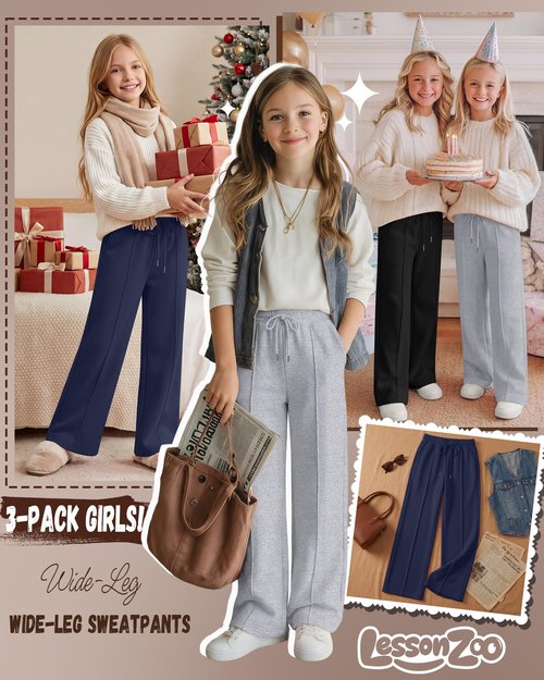 LessonZoo 3 Pack Girls Wide Leg Sweatpants Drawstring Baggy Pants Teen Girls Athletic Joggers Pants with Pockets 5-14Y(Navy Blue, Light Heather Gray, Black,11-12 Years)