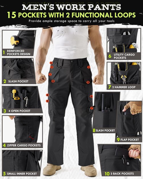 IGOLUMON Men's Stretch Tactical Work Pants, Breathable Ripstop Cargo Pants with 15 Pockets, Construction EDC Hiking Pants Black
