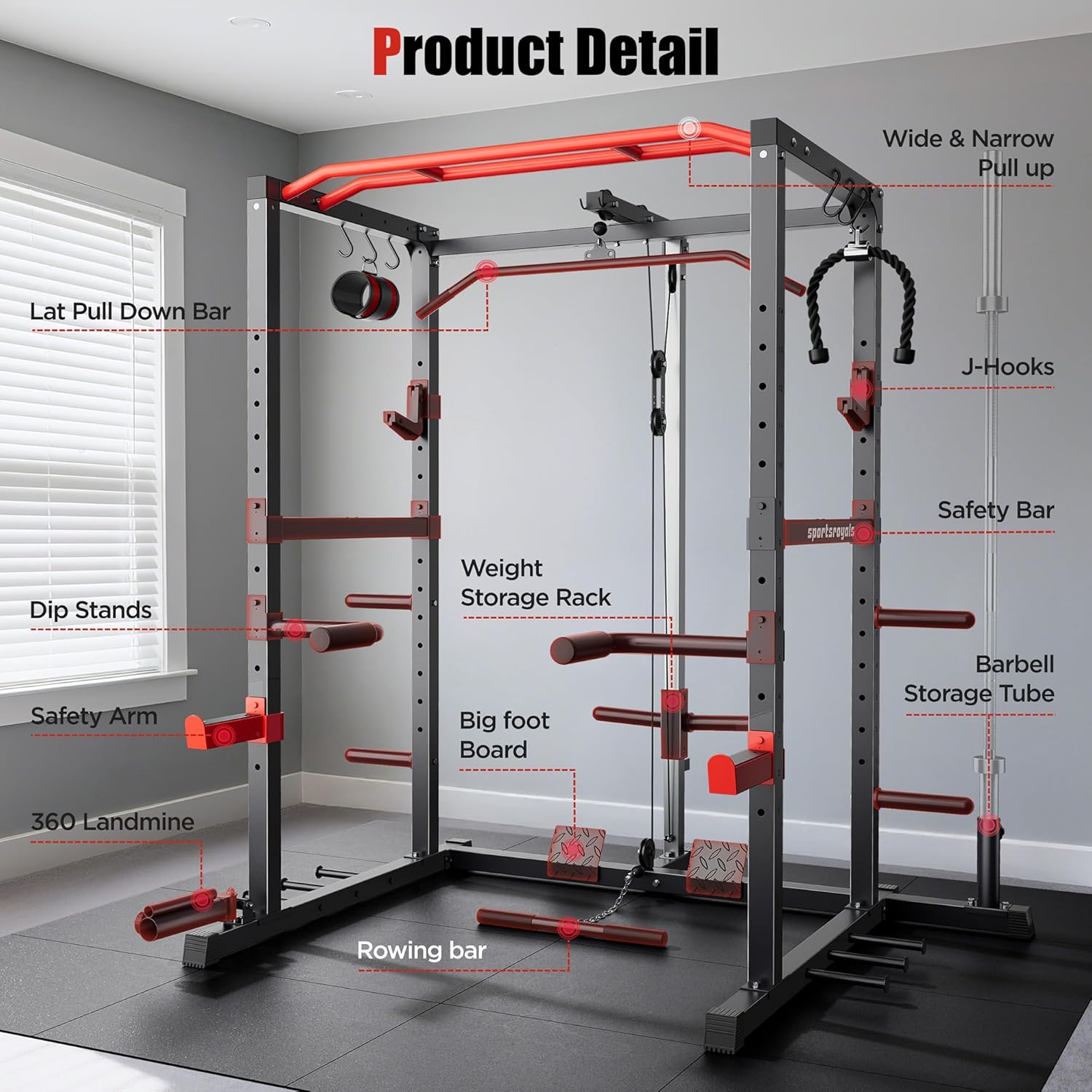 SPORTSROYALS Power Rack - Multi-Functional Squat Cage with Pulley System & LAT Pull Down for Home Gym
