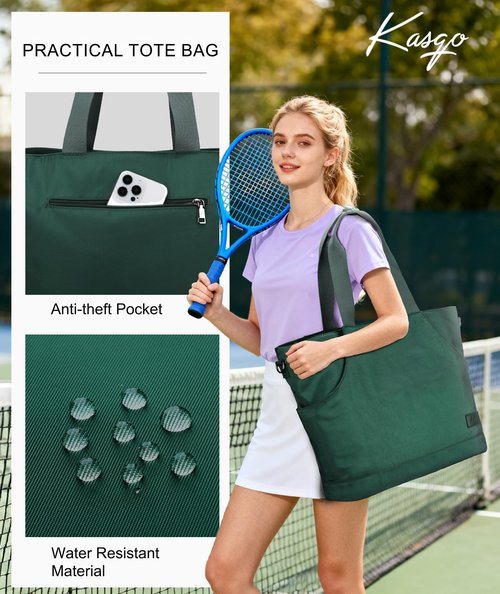 Kasqo Tennis Bags for Women, Large Water Resistant Pickleball Tote Bag Men 2 Rackets Lightweight Crossbody Shoulder Bag for Gym Sport Green
