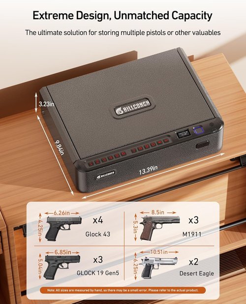 BILLCONCH Biometric Gun Safe - Quick Access Pistol Safe with LCD & Voice Guide for Home or Car