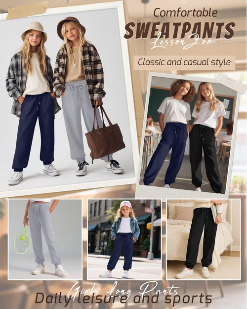 LessonZoo 3 Pack Girls Sweatpants Drawstring Wide Leg Baggy Sweat Pants High Waist Active Joggers for Kids with Pockets 5-14Y(Black, Light Heather Gray, Navy Blue,13-14 Years)