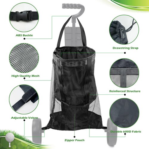 Pikpops Golf Push Cart Accessories - Backside Extension Storage Bag, Push Cart Organizer Golf Accessory Bag (Black, Large)
