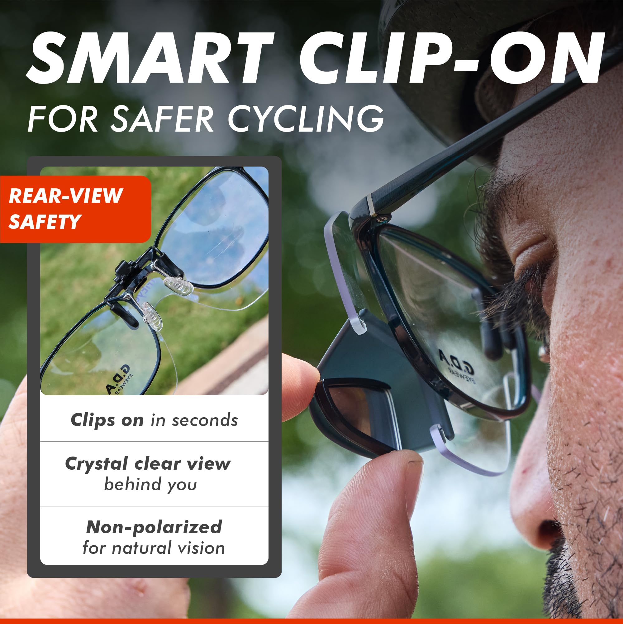 TriEye View Clip On Sunglasses with Rear View Mirror – Clip On Sunglasses Over Prescription Glasses, Flip Up Cycling Eyewear for Men & Women – Clear Lens, 145mm Fit