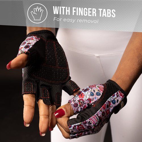 Contraband Pink Label 5237 Designer Series Workout Gloves for Women | Sugar Skull Print Weight Lifting Gloves for Women w/Grip-Lock Padding | Gym Gloves for Women w/Medium Padding (White, Large)