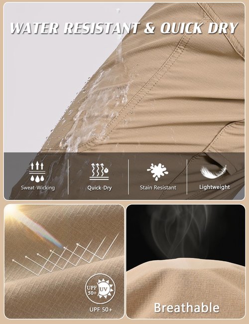 Mens Work Pants Lightweight Breathable Cargo Hiking Pants Outdoor Waterproof Quick Dry Stretch Tactical Travel Trekking Pants with Zipper Pockets Khaki 36Wx30L