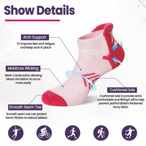 Velice Merino Wool Ankle Hiking Running Socks for Women Compression Support Thick Athletic Cushion Breathable No Show Socks 6 Pairs(Multicolor, Medium)