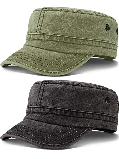 2 Pack Military Hat Washed Cotton Army Green Flat Top Caps Cadet Army Men's Baseball Caps Adjustable for Outdoor Sports
