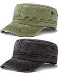 2 Pack Military Hat Washed Cotton Army Green Flat Top Caps Cadet Army Men's Baseball Caps Adjustable for Outdoor Sports