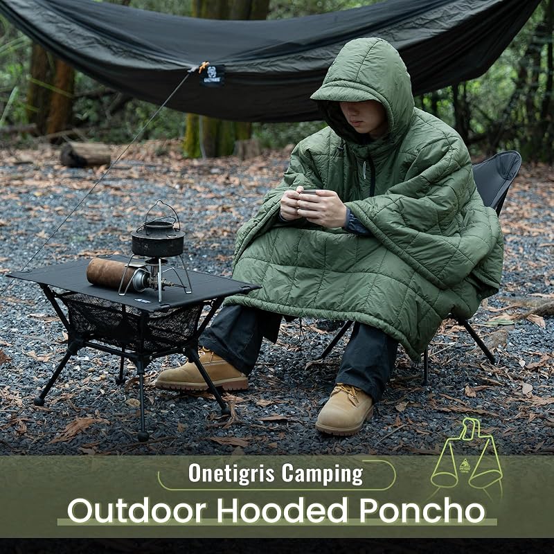ONETIGRIS Camping Blanket Poncho - Wearable Hoodie Blanket (1pc, Green) - Outdoor Thermal Shawl