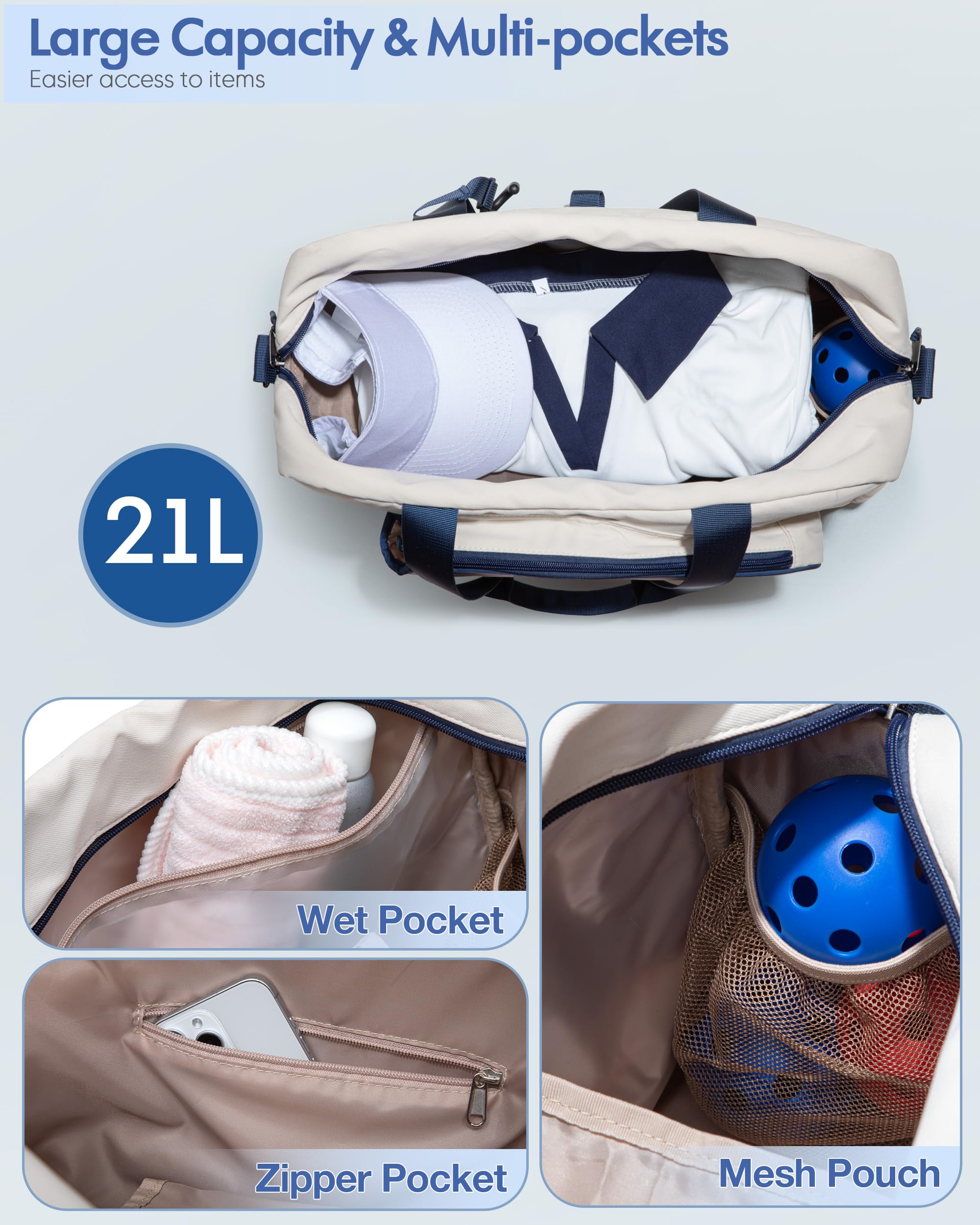 Smasrob Pickleball Tote Bag for Women with Exterior Paddle Pocket and Separate Shoe Compartment, Pickleball Bags with Wet Pocket and Detachable Strap, Beige
