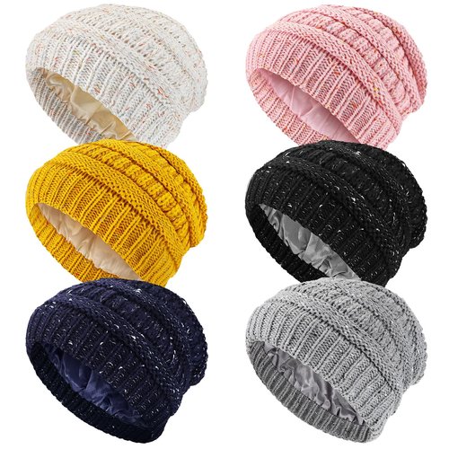 Handepo 6 Pieces Winter Knitted Satin Lined Beanie Hats for Women Satin Lined Cable Thick Cap Slouchy Cable Beanie Hat (Bright Colors)