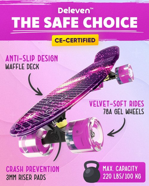 Deleven 22" Skateboard with Bright LED Wheels, Carry Bag, Skate Tool, ABEC 7 Bearings - for Kids Beginners Adults