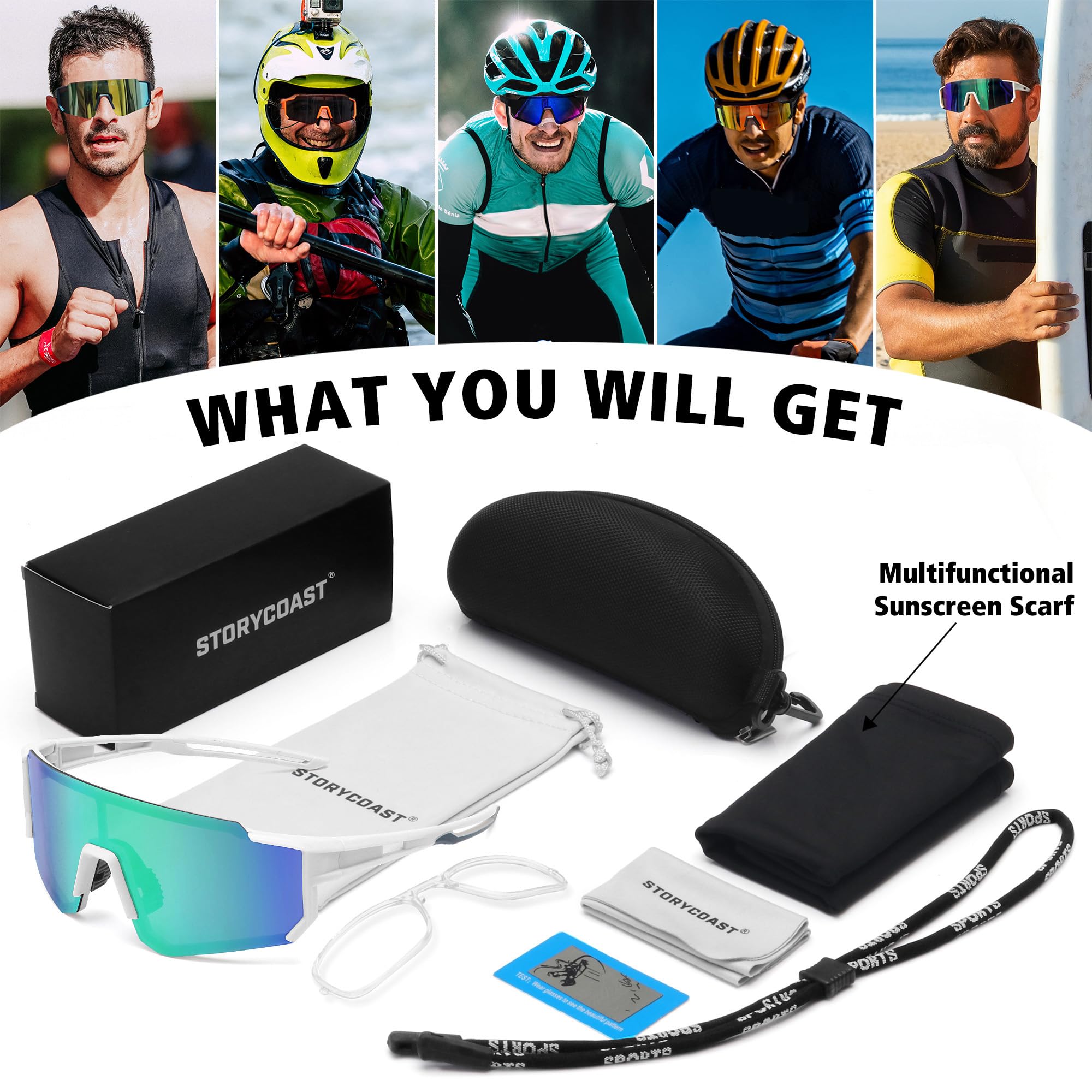STORYCOAST Polarized Sports Sunglasses for Men Women,Bike Glasses Driving Fishing Cycling Mountain Bike Sunglasses UV400 Protection White Frame-Green Mirror Lens