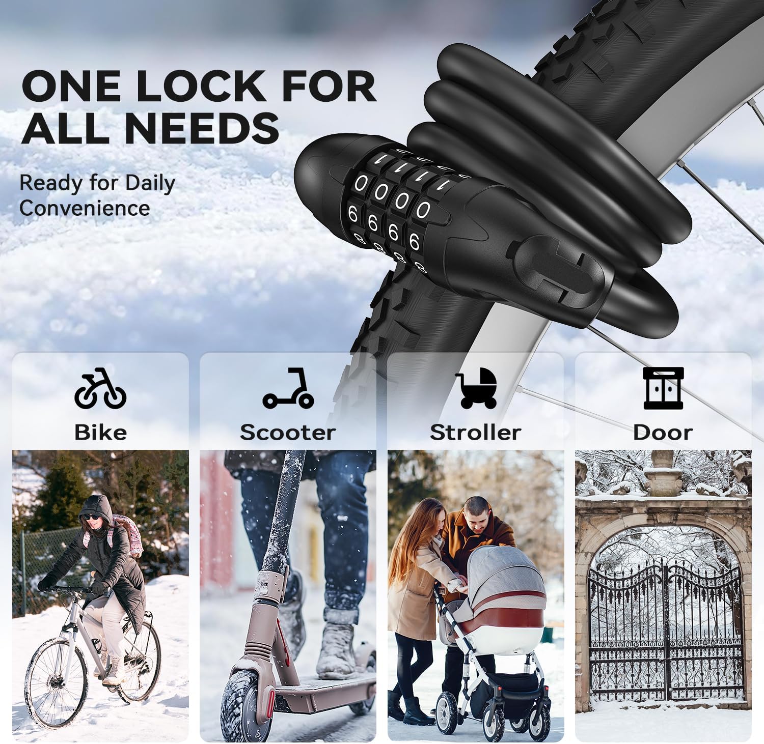 Sportneer Bike Lock - 4-Digit Combination, Weatherproof 12mm Heavy Duty Steel | 4ft Cable for Bicycles & Scooters