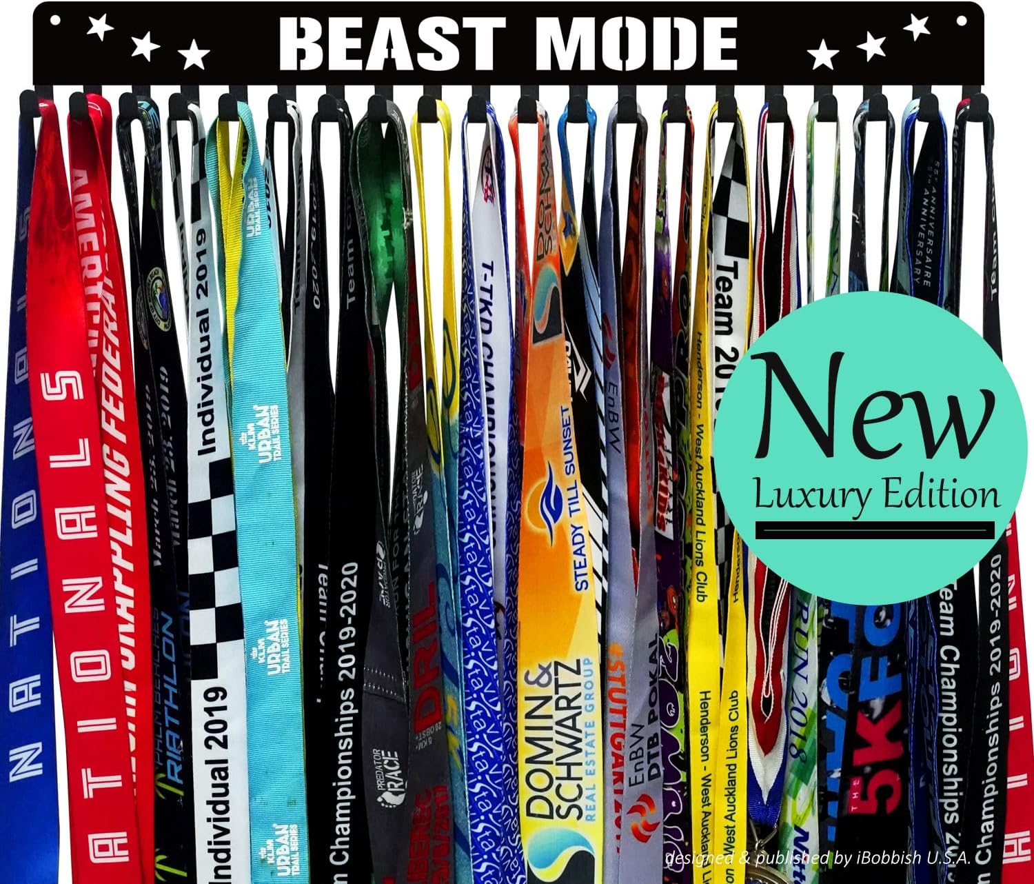 Premium Medal Display Hanger - Never Give Up | 20 Hooks, 16-Inch Wall-Mounted Design for Gymnastics, Race, Soccer, Swim