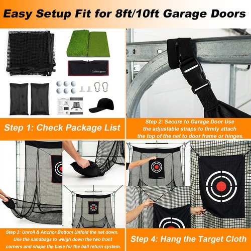 Gagalileo Golf Net for Garage Door with Mat: 10X8FT Heavy Duty Roll-Up Design Quick Setup for Backyard & Basement Training Target Ideal for Beginners & Advanced Golfers