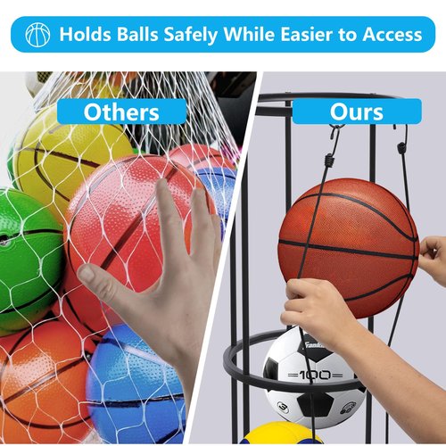 awagas 3 Layer Garage Ball Storage Rack, Wall-Mounted Basketball Holder, Space Saving Vertical Ball Rack for Soccer, Volleyball, Football Easier Access Ball Organizer, for Garages, Gym and Home