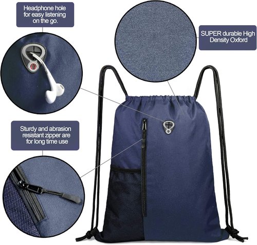 BeeGreen Navy Sports Gym Bag - Large Drawstring Backpack with Zipper Pocket & Mesh Water Bottle Holders