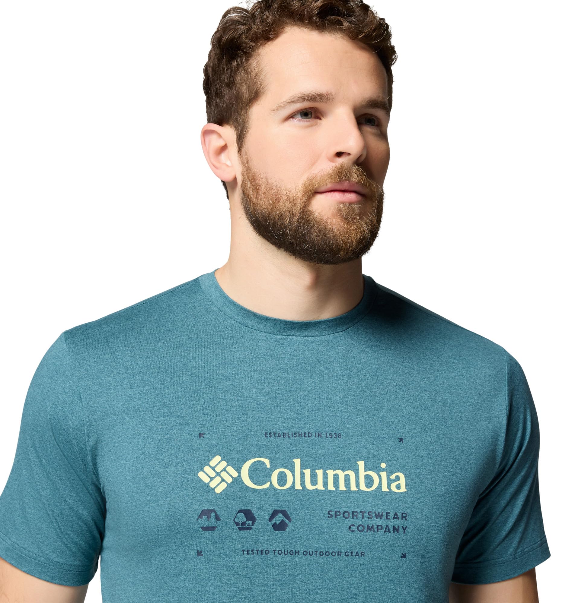 Columbia Mens Kwick Hike Graphic Short Sleeve Tee, Everblue Heather/Iconic Brand, X-Large