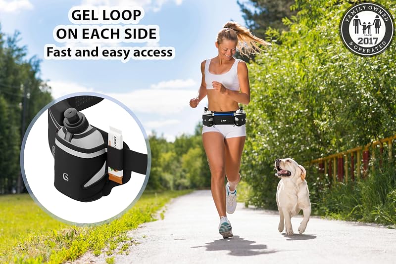 Hydration Running Belt with 10 oz Bottles - Blue, 25-33 Inch Waist - Phone Pocket for All Phones