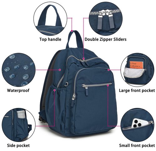 DOKUDOKU Small Nylon Backpack Mini Casual Daypack Lightweight Backpack for Women (NAVY BLUE)
