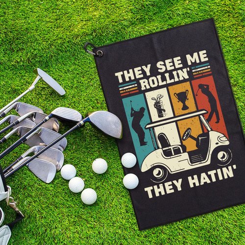 GEYGIE They See Me Rollin' They Hatin' Embroidered Towels with Clip and Golf Brush with Retractable Extension Cord, Funny Golf Towel Gifts and Accessories Set for Men, Women Golfers and Fans